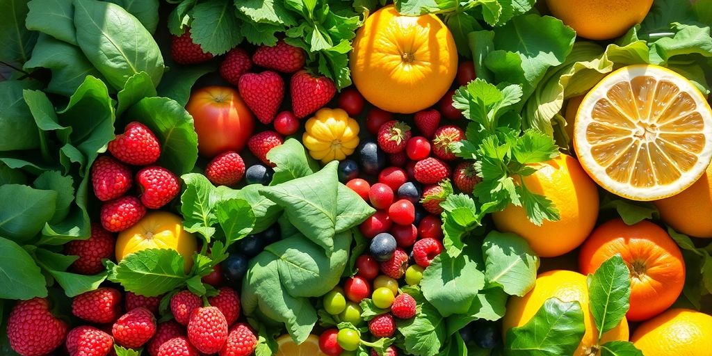 Vibrant fruits and vegetables arranged in a healthy meal.