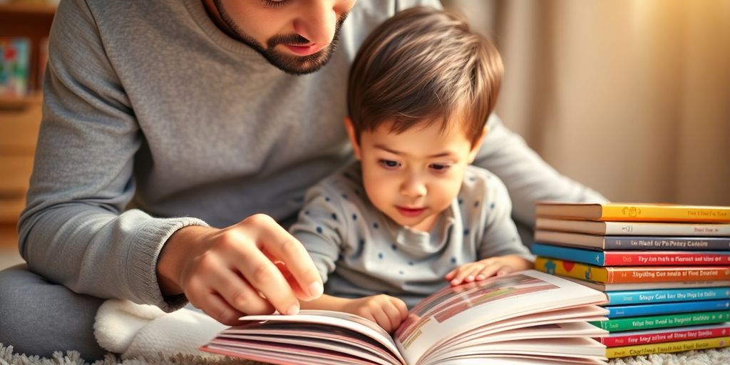 Parent and child reading together, warm light.