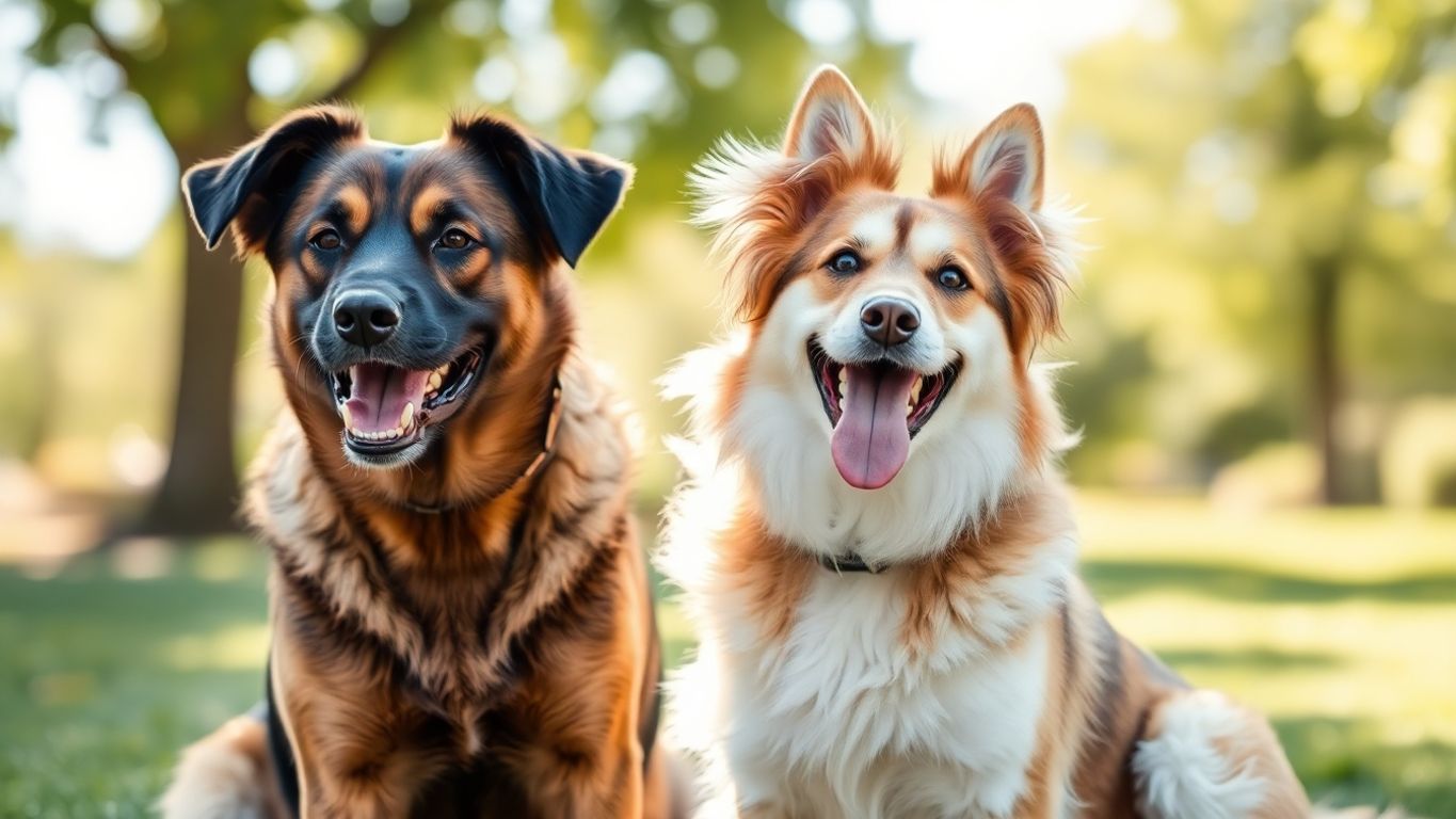 Cachorro de raça e vira-lata juntos em um parque.