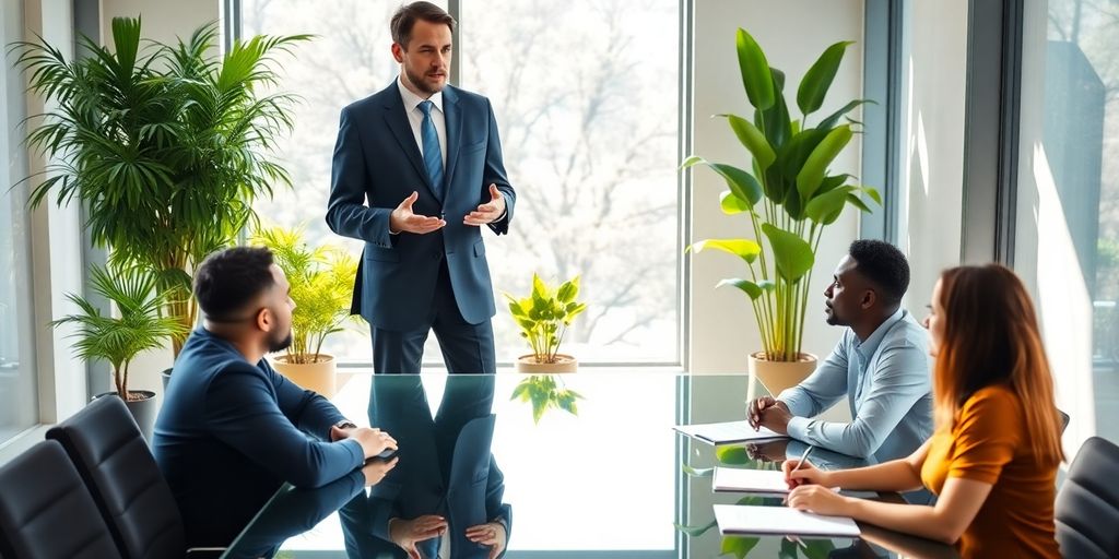 Business professional leading small team meeting in bright modern office.