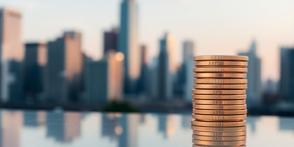 Close-up of XRP coins with a city skyline backdrop.