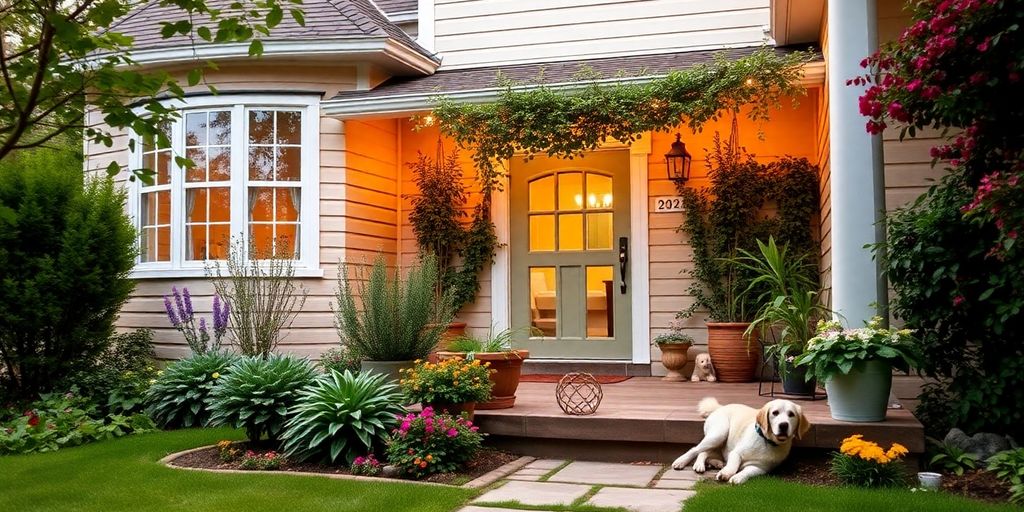Cozy home with garden and dog on porch.