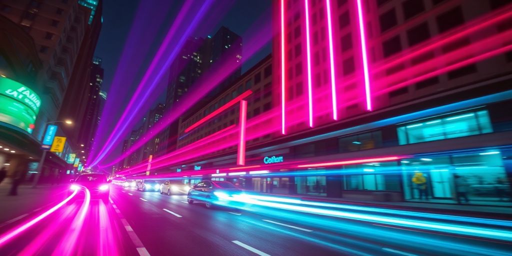 Neon city street at night, purple and pink hues, car trails.