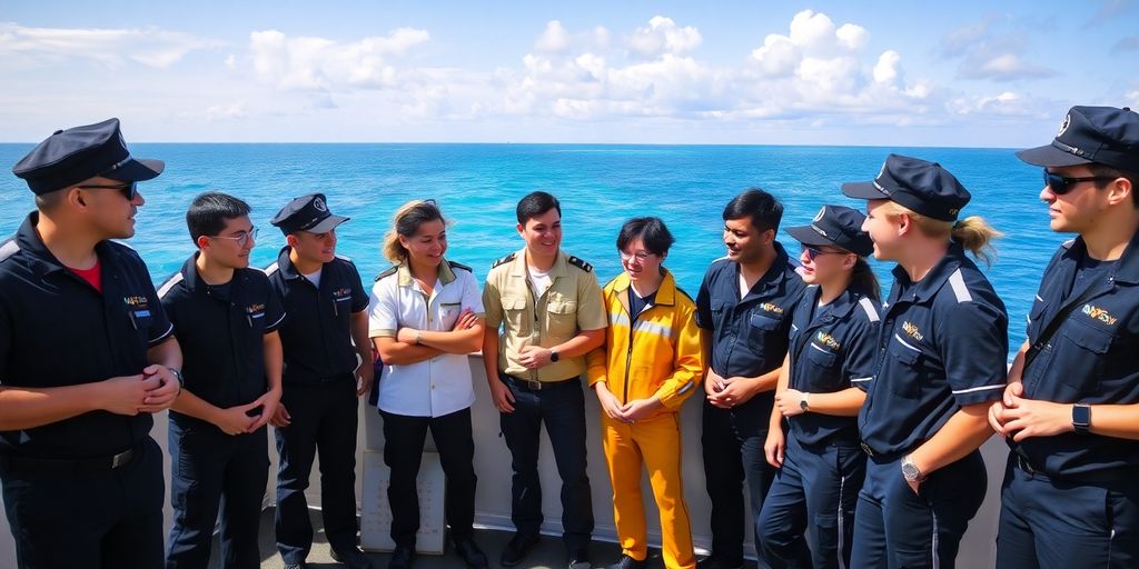 Young professionals on a ship, engaged in teamwork.