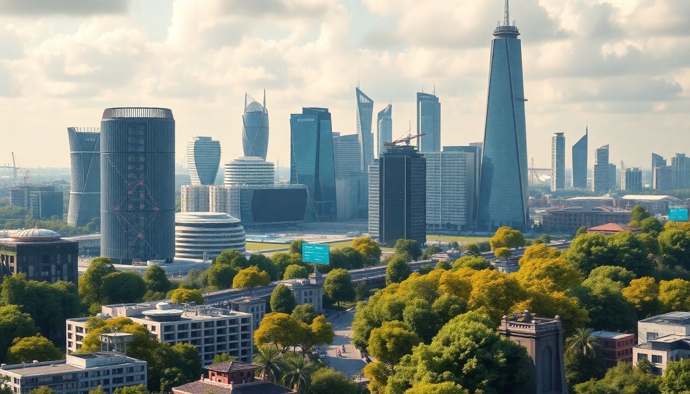 Futuristic city skyline with AI data centers and greenery.
