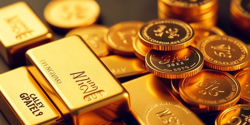 Des barres et pièces d'or disposées élégamment.