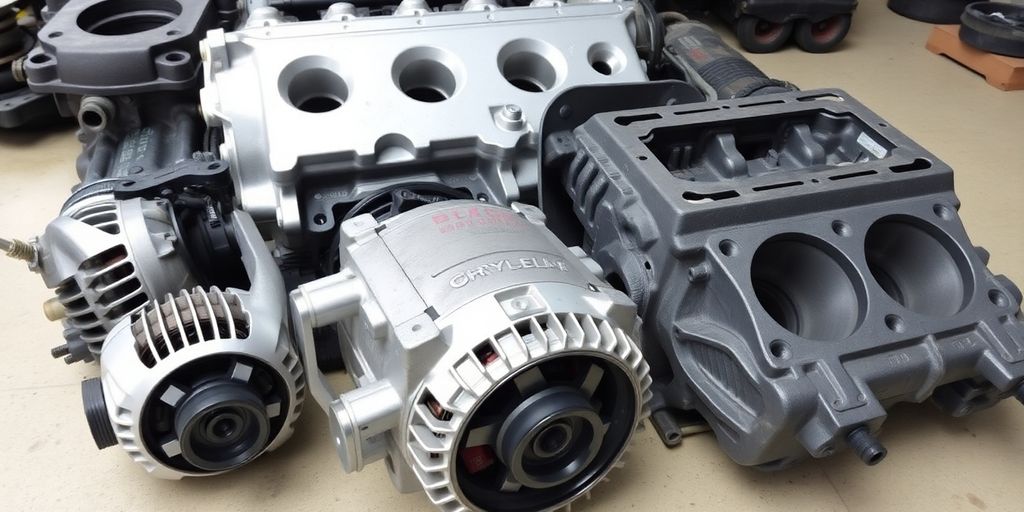 Chrysler car engine parts neatly arranged.