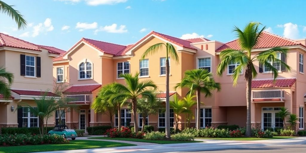 Vibrant Broward townhomes with palm trees and blue sky.
