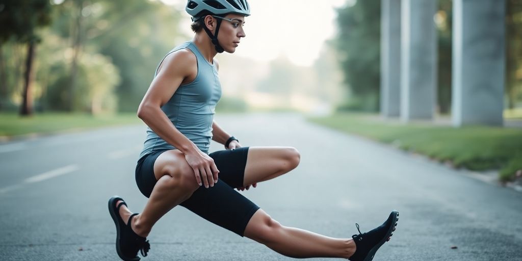 Cyclist performs a kneeling lunge stretch.