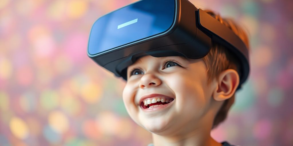 Child laughing, futuristic VR headset, vibrant digital world.