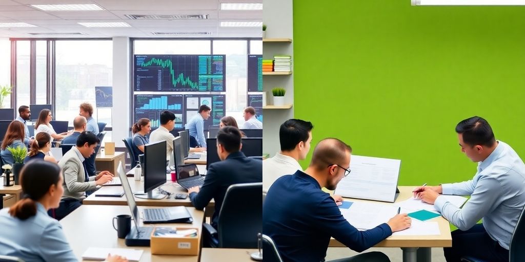 Finance office and accounting workspace in a split image.