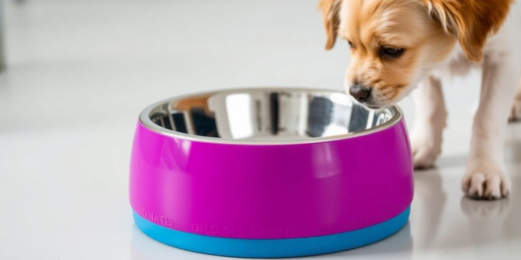 Non-slip dog bowl on a clean surface with a dog.