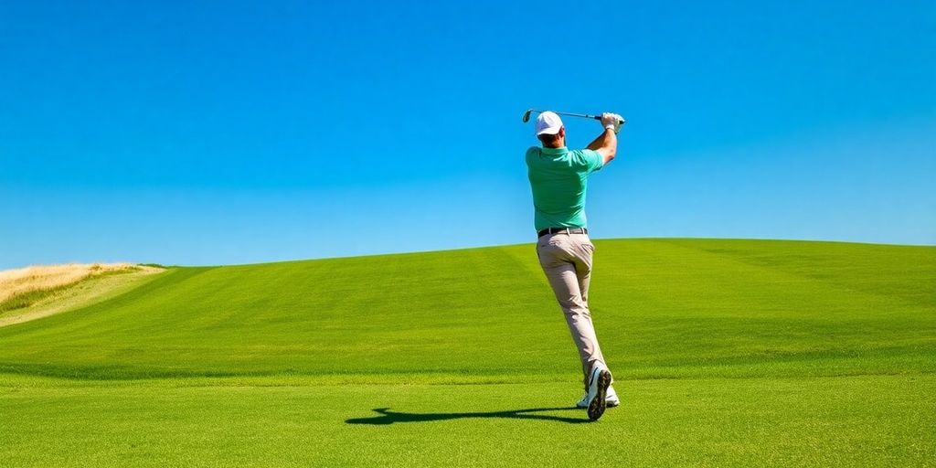 Bryson DeChambeau swinging a golf club on the course.