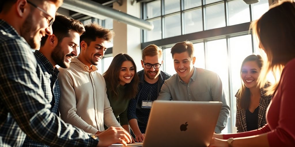 Laptop, diverse startup team, marketing tools, vibrant office.