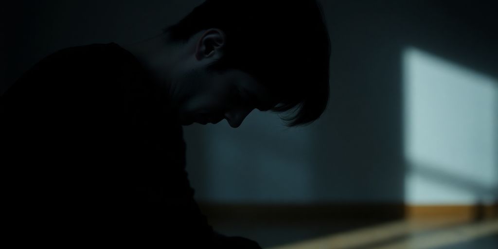 Distressed figure in shadows, feeling used.