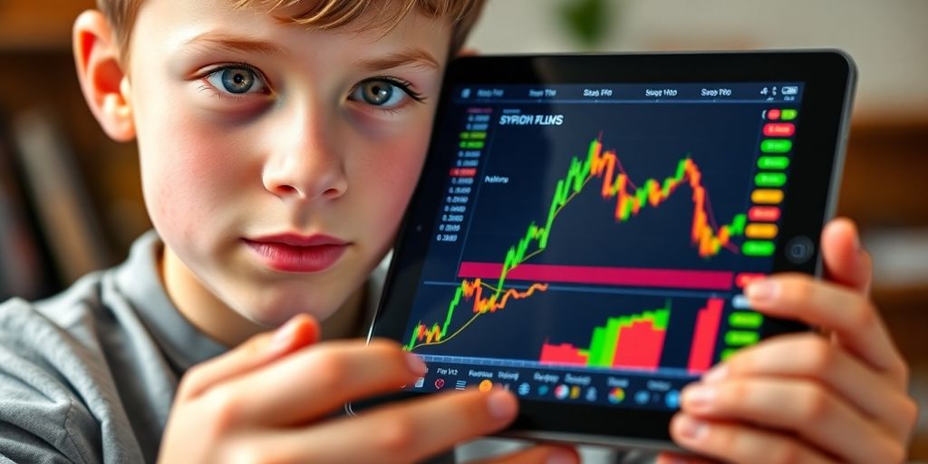 Teenager looking at stock market on a tablet.