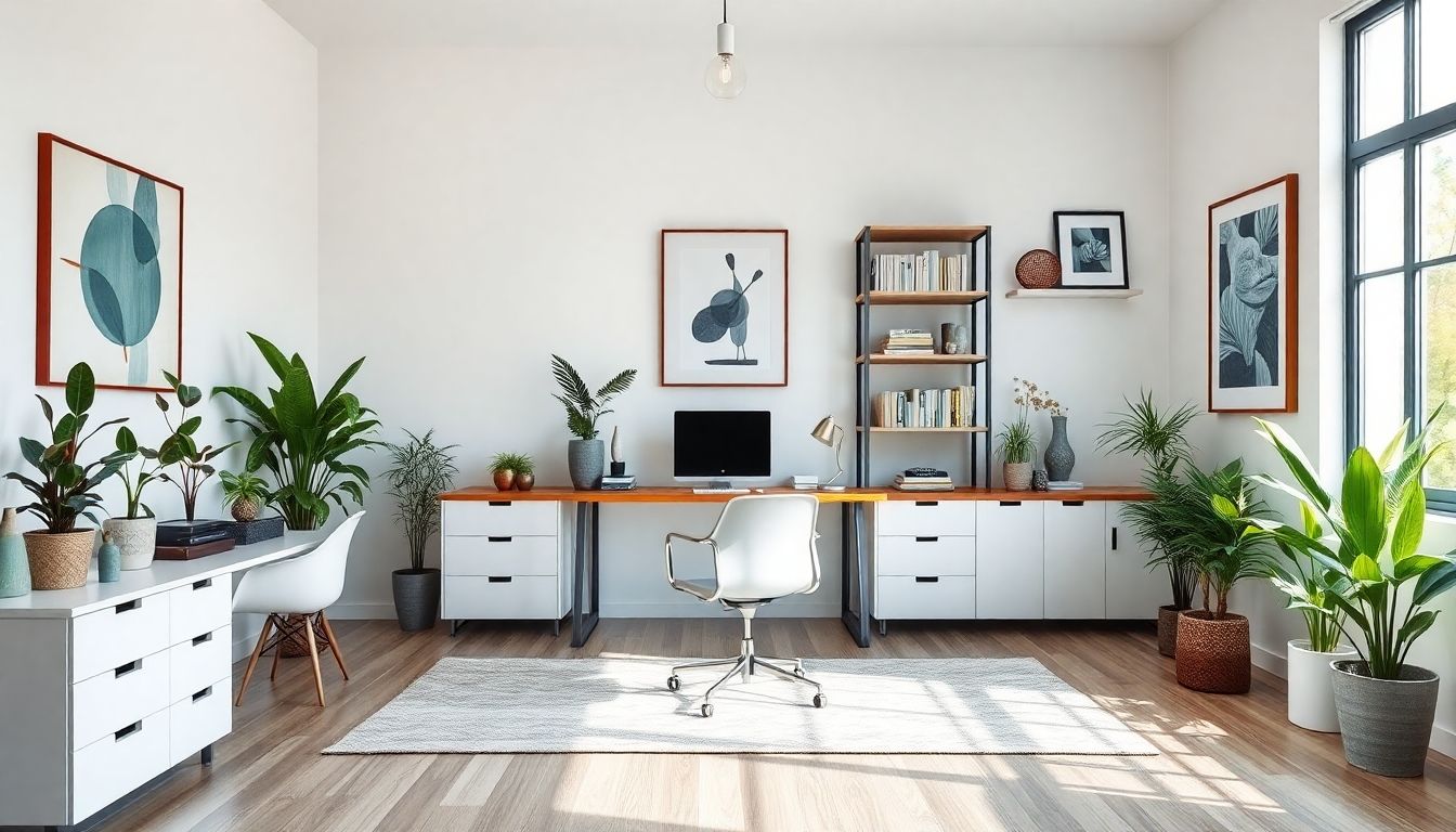 Stylish home office with modern furniture and decor.