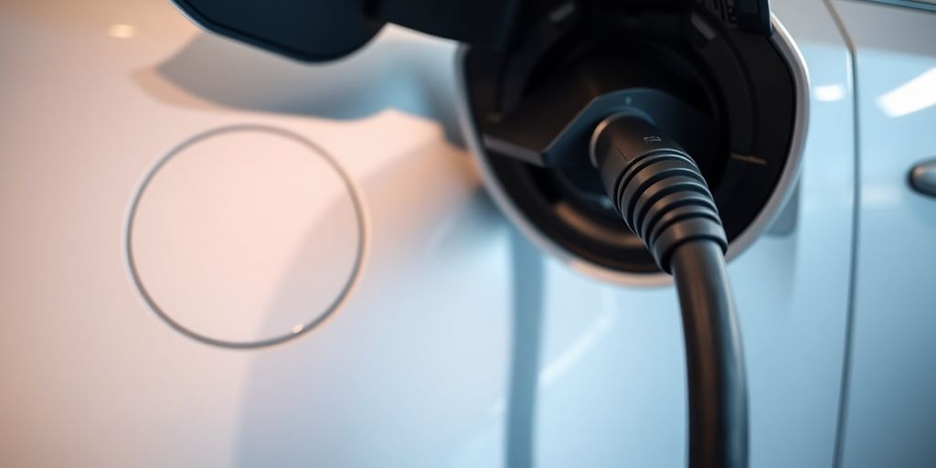 Electric car plugged into charging station.