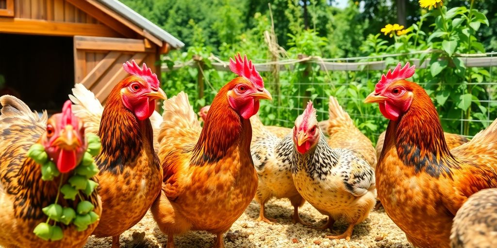 Chickens foraging on natural feed in a farm setting.