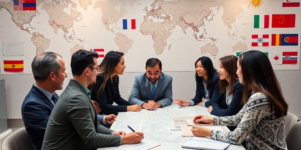 Diverse professionals collaborating in a global finance setting.