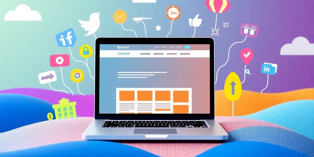 Laptop mit Website und bunten Icons für Online-Marketing.