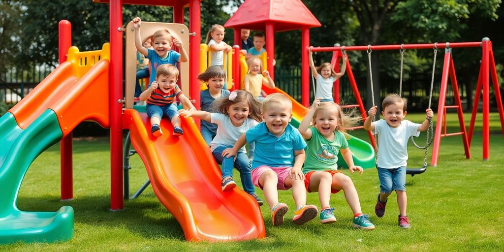 Bambini che giocano in un parco avventuroso.