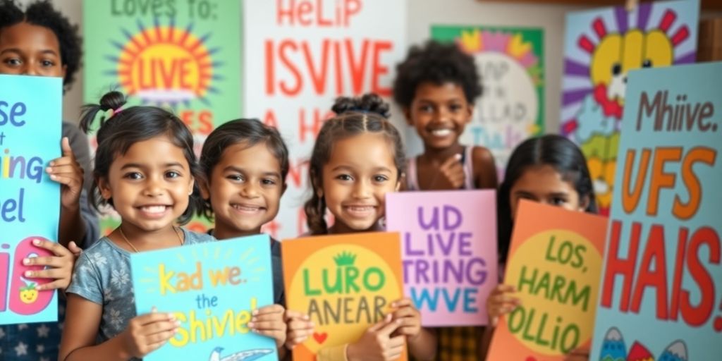 Children smiling with motivational posters.