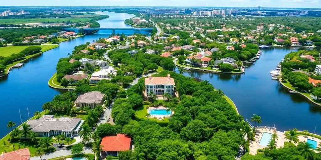 Aerial view of luxurious homes in Aventura, Florida.