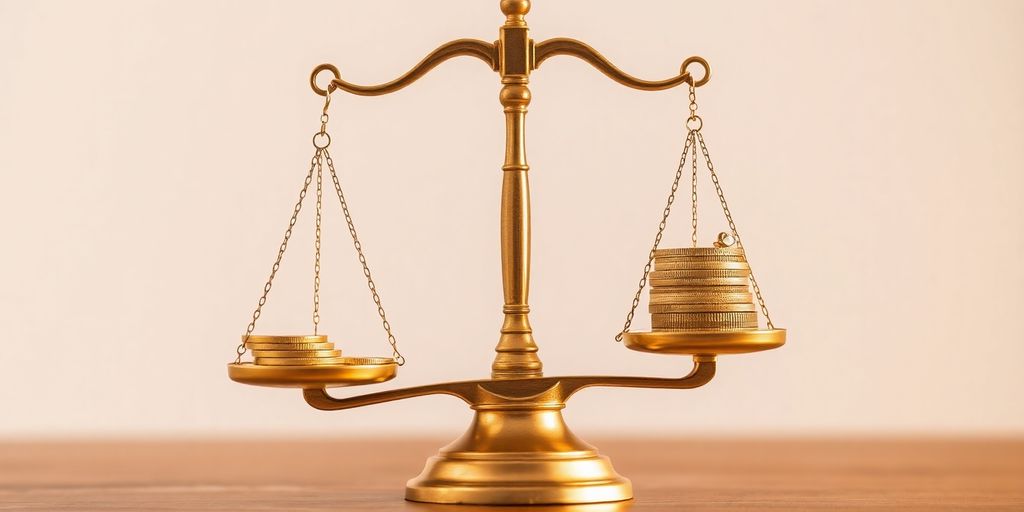 Balance en or avec des pièces et bijoux.