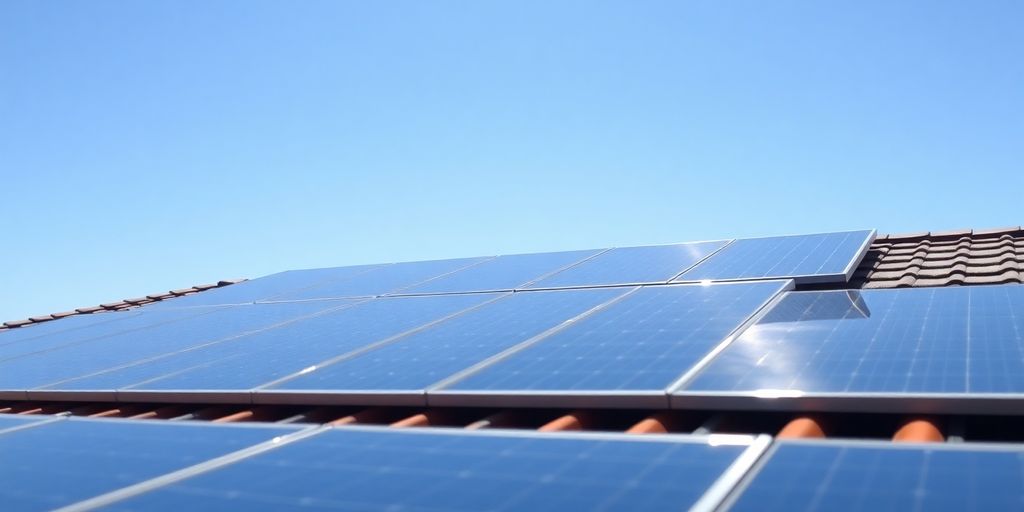 Sunlit rooftop with solar panels, green energy.