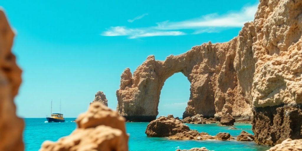 Azure ocean, rocky arch, and a lone boat.