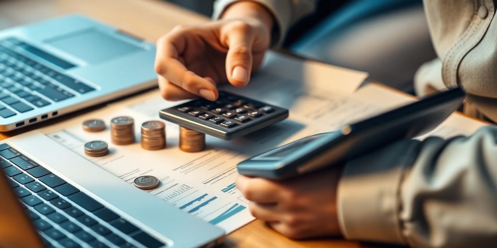 Person with financial documents and calculator analyzing options trading.