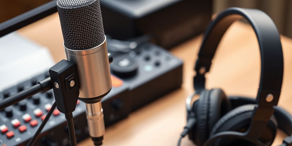 Micrófono, auriculares y consola de audio.