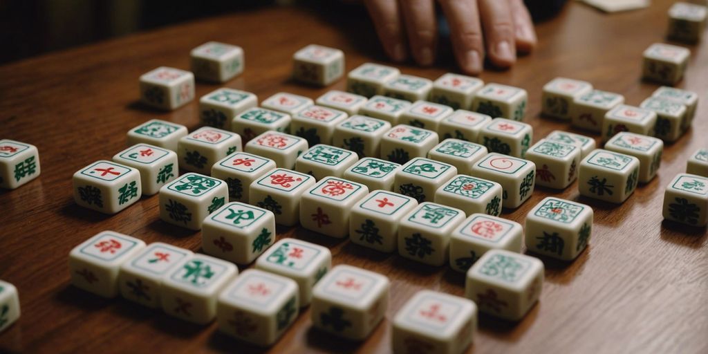 Close-up of different sized mahjong tiles on a wooden table with a hand picking one.