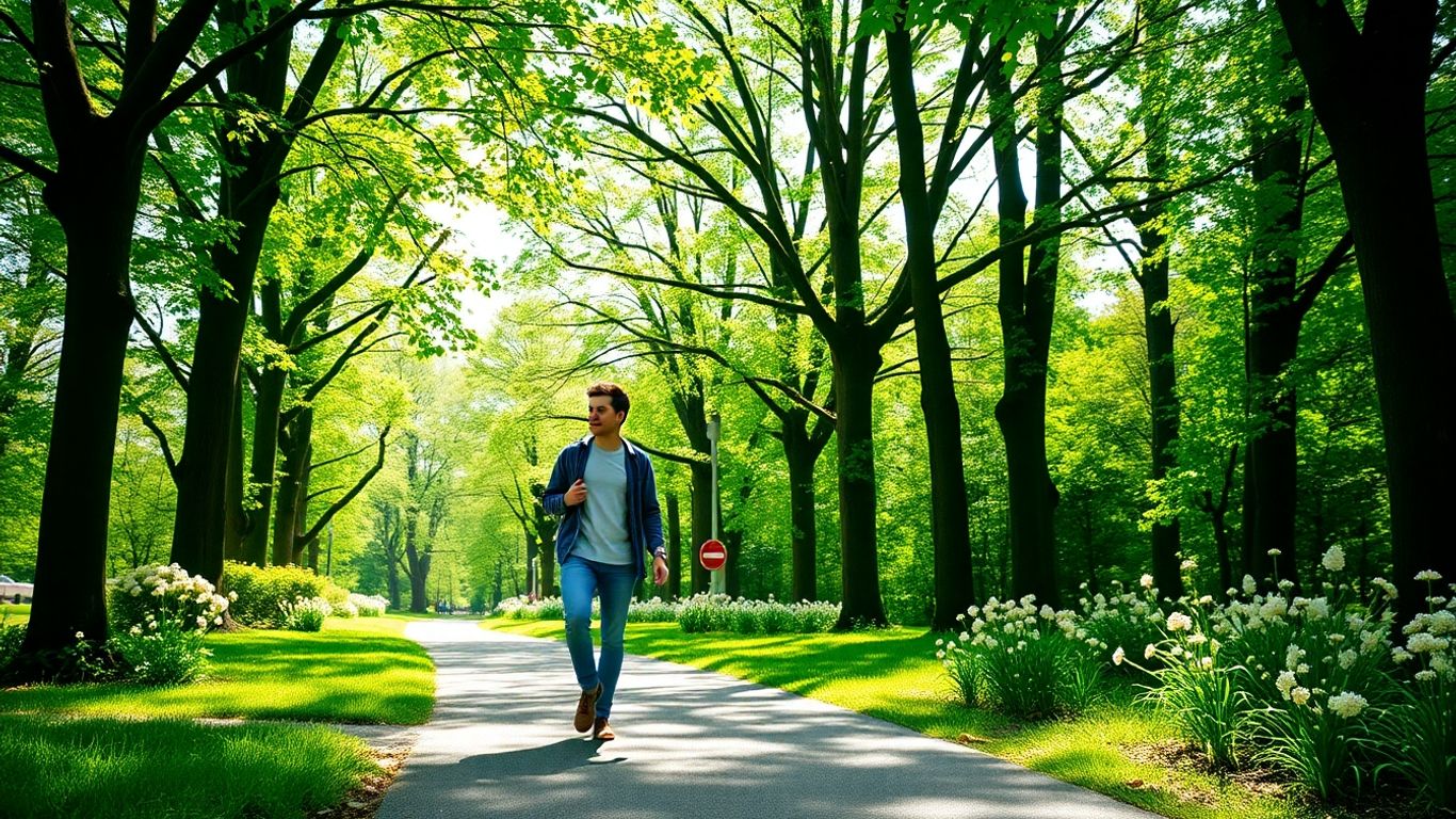 Person walking confidently on a sunny park path