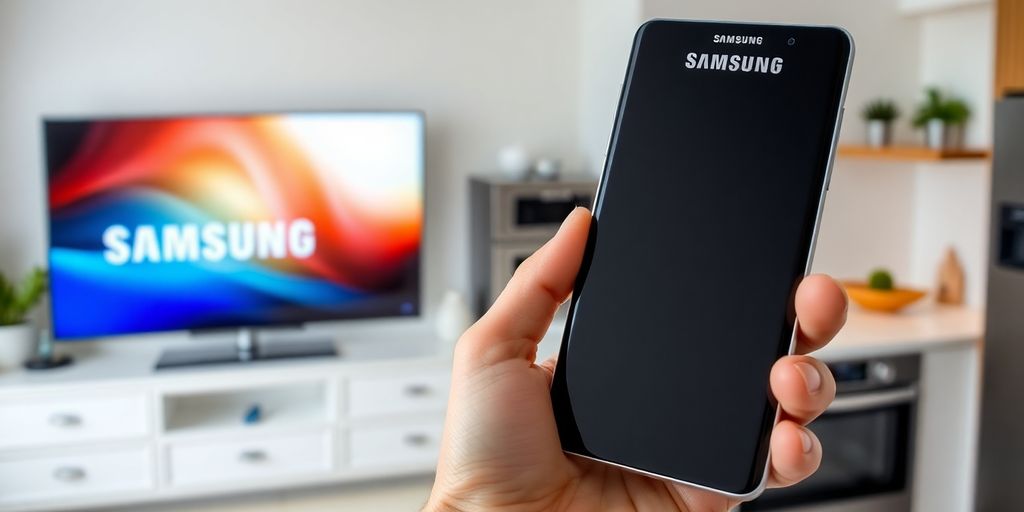 Smartphone, TV et électroménager Samsung sur un fond lumineux.