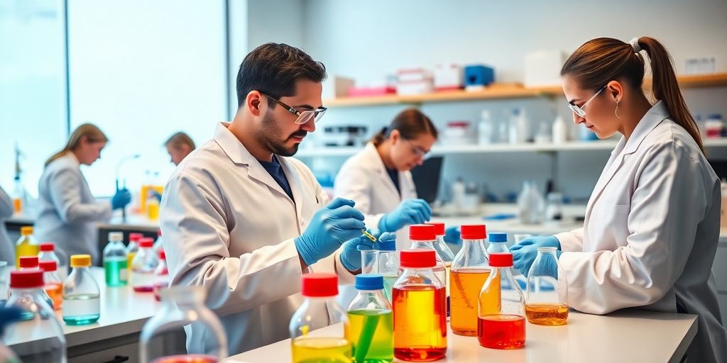 Técnicos em química trabalhando em laboratório farmacêutico.
