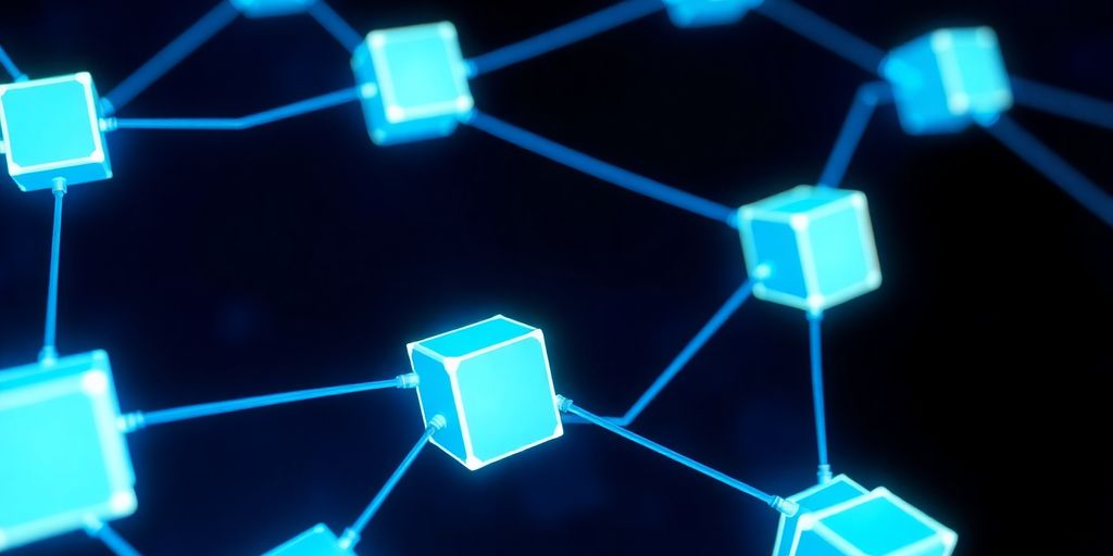 Glowing interconnected digital blocks on a dark background.