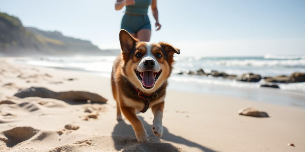 Hund spielt am Strand mit seinem Besitzer.
