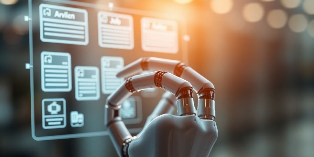 Robotic hand interacting with job application interface.