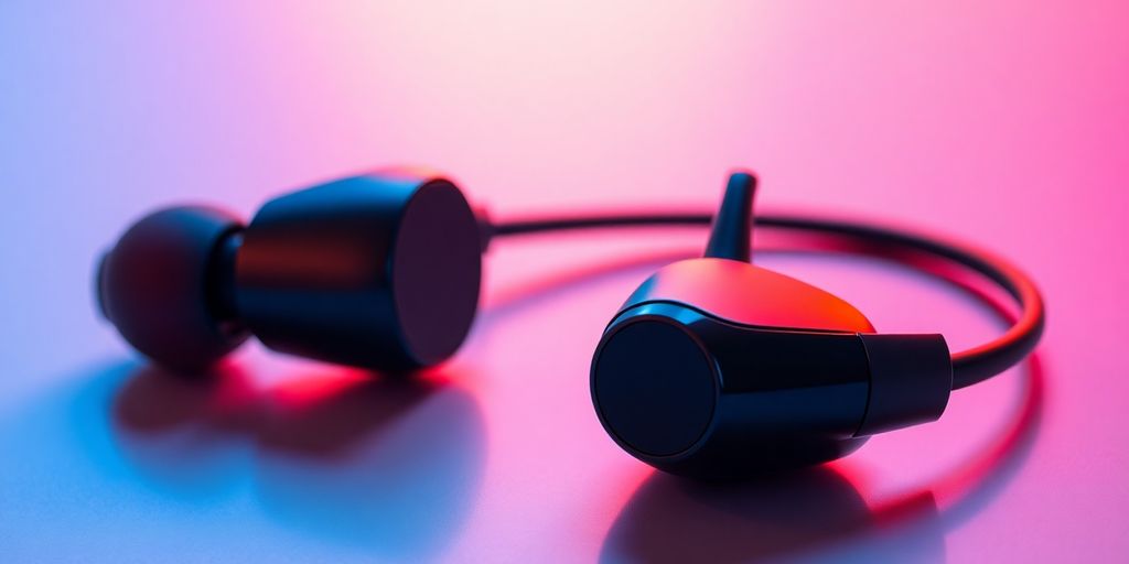 Detailaufnahme von modernen Bluetooth In-Ear Kopfhörern.