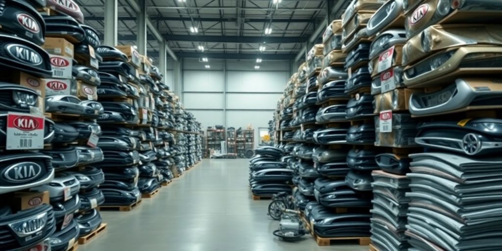 Kia parts warehouse with organized car components.