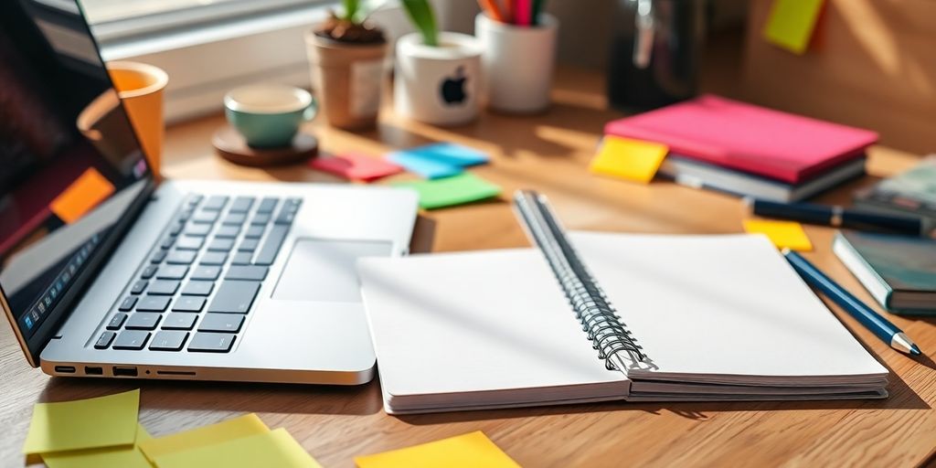 Workspace with laptop, notepad, and colorful sticky notes.