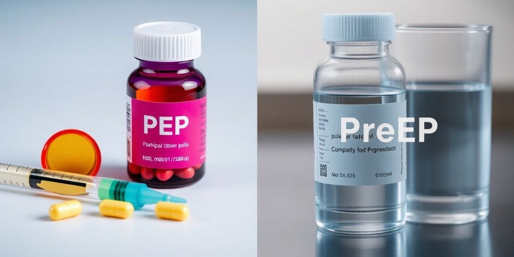 Two medication bottles for PEP and PrEP.