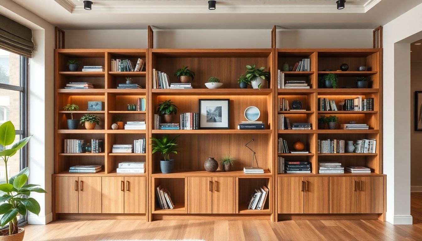 Realistic custom shelving units in a stylish interior.
