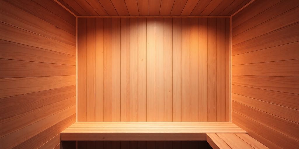 Sun Home Sauna interior, warm light, wooden walls, bench.
