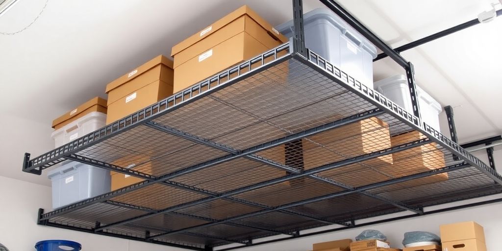 Overhead storage rack with organized boxes in garage.
