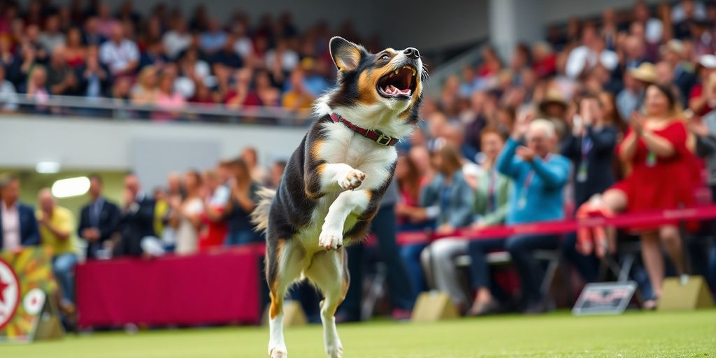 Dog performing advanced tricks at a competition.
