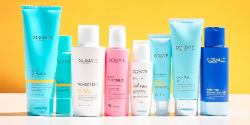 Diversas embalagens de protetores solares para pele oleosa.