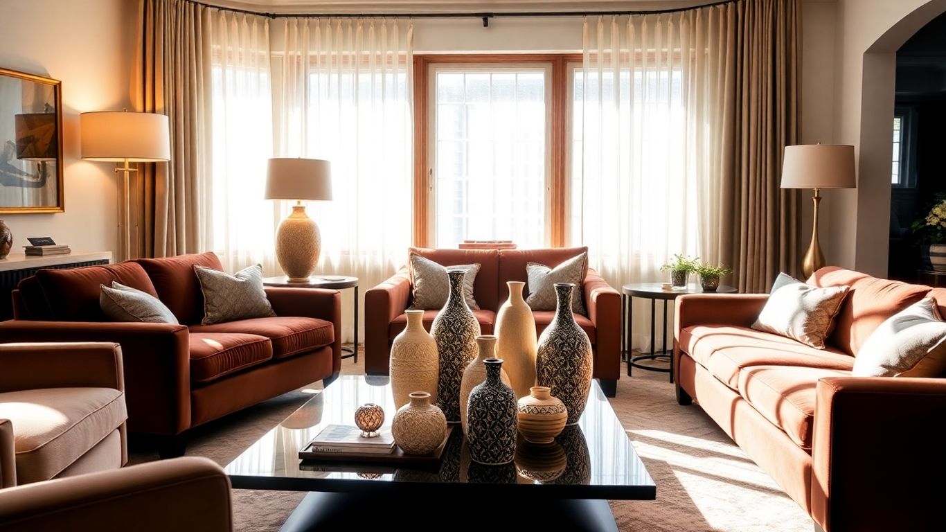 Elegant living room with velvet sofas and decorative vases.